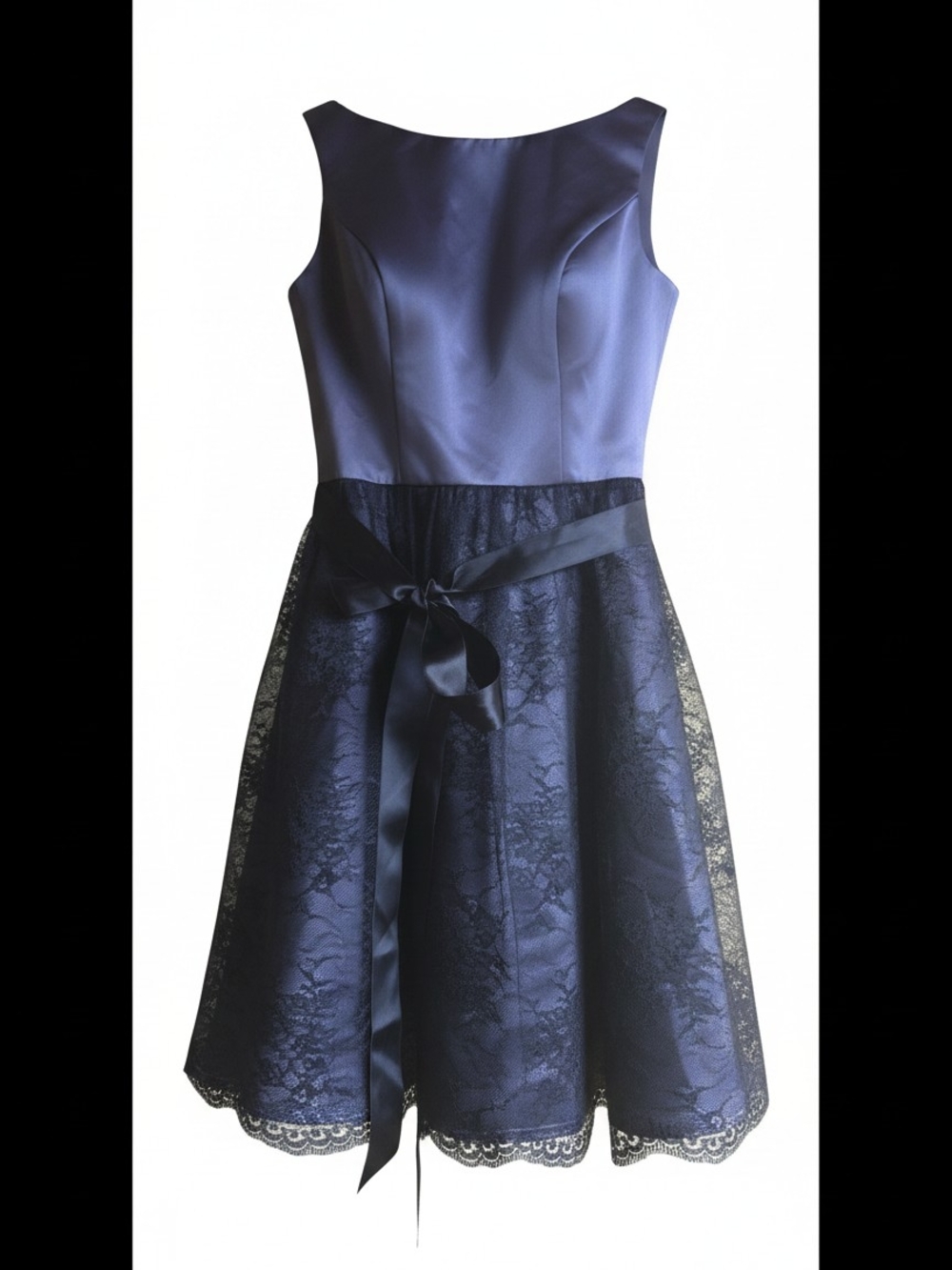 SORELLA VITA Black/gray Satin and Lace Fit-and-Flare Dress with Sash Size 12